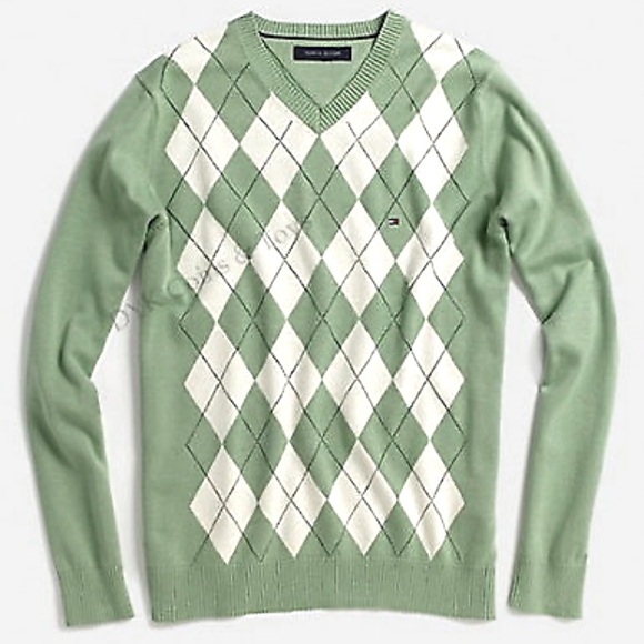 TOMMY HILFIGER Green Argyle V-Neck Sweater S NWOT - Picture 1 of 9